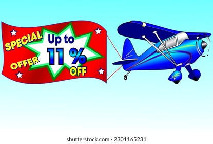 Oferta especial hasta 11% de descuento, ilustración vectorial de un hermoso avión azul, banner de promoción ilustrativo. ¡Dios es bueno!