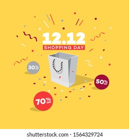 Special offer 12. 12 shopping day discount symbol with shopping bag, discount labels and confetti. Easy to use for your global shopping world day sale promotion.