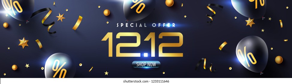 Special offer 12.12 Promotion Poster or banner with black balloons and golden confetti for Retail,Shopping or 12th December Promotion template in golden and black style.Vector illustration EPS10 Special offer 12.12 Promotion Poster or banner with black balloons and golden confetti for Retail,Shopping or 12th December Promotion template in golden and black style.Vector illustration EPS10