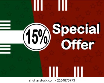 Special offer with 15% off. Green and red banner with discount balloon for online sales.