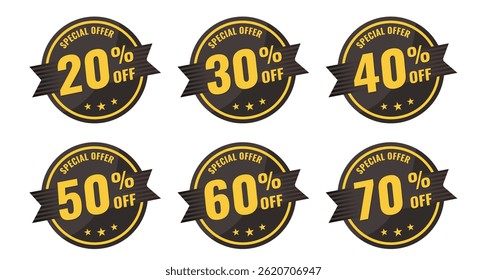 Oferta especial 20, 30, 40, 50, 60, 70 por cento desativada - adesivo vintage preto, emblema retro - ilustração vetorial

