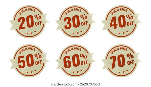 Oferta especial 20, 30, 40, 50, 60, 70 por cento Desativado - bege e vermelho vintage adesivo, distintivo retro - ilustração vetorial