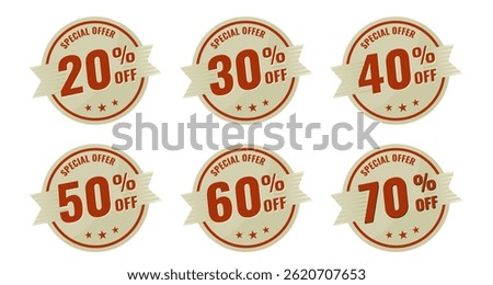 Special Offer 20, 30, 40, 50, 60, 70 Percent Off – beige and red vintage sticker, retro badge – vector illustration