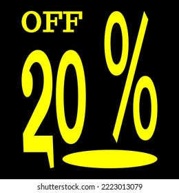 Special offer 20% off label. Vector illustration with yellow stylish font and black background.