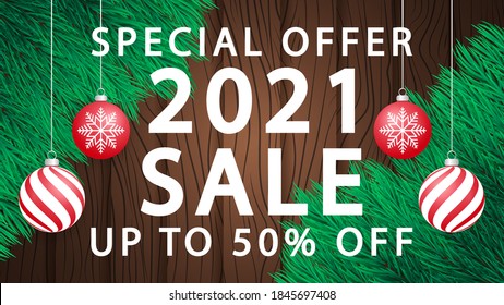 Special offer 2021 sale up to 50% off. 2021 sale card with  tree branches and Christmas ball. Vector Illustration.Horizontal 2021 posters, cards, headers, website.