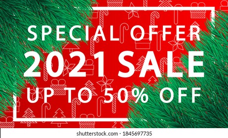 Special offer 2021 sale up to 50% off. 2021 sale card with  tree branches. Vector Illustration.Horizontal 2021 posters, cards, headers, website.