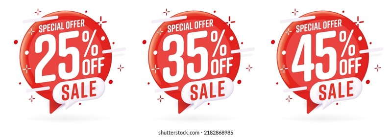 Oferta especial con 25, 35, 45 por ciento de descuento. Ilustración vectorial de diseño de etiquetas de venta roja. Reducción especial de precios y descuento para compras en línea. Promoción de la venta. súper oferta de liquidación de precios
