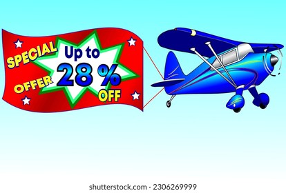 Special offer up to 28% off, vector illustration of a beautiful blue airplane, promotion banner illustrative. God is good!