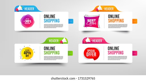 Special offer, 30% discount and Best. Megaphone promotional banner. Discount banner with speech bubble. Get extra 40% badge. Online shopping template with loudspeaker. Promotion sale template. Vector