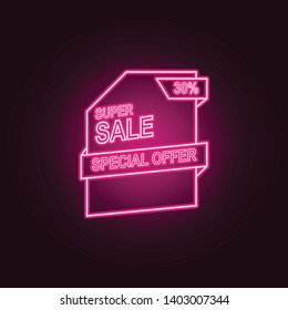 special offer 30 of discounts neon icon. Elements of Sale set. Simple icon for websites, web design, mobile app, info graphics