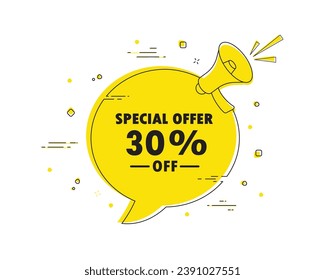 oferta especial 30% de descuento. Alerta de banner de burbuja de chats Megaphone. Signo de precio de oferta de descuento. Símbolo de oferta especial.Altavoz de diálogo de etiqueta de descuento. Ilustración del vector