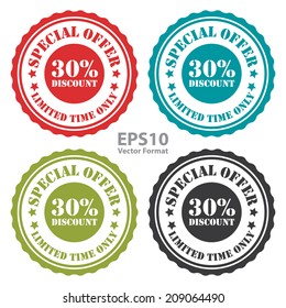 Special Offer 30 Percent Discount Limited Time Only on Vintage Badge, Icon, Button, Label Isolated on White, Vector Format