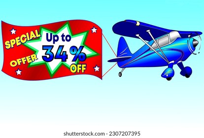 Spezielles Angebot bis zu 34% Rabatt, Vektorgrafik eines schönen blauen Flugzeugs, Werbebanner illustrativ. Gott ist gut!