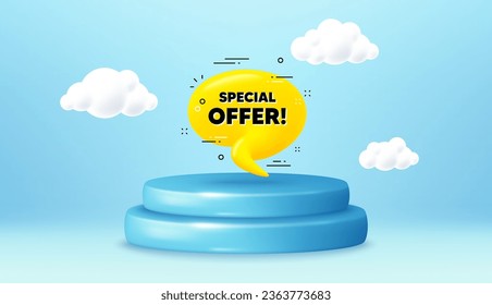 Special offer 3d bubble banner. Winner podium 3d base. Product offer pedestal. Realistic yellow chat message. Offer tag icon. Special offer promotion message. Background with 3d clouds. Vector