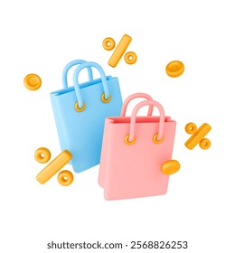 Special offer 3D concept. Blue and pink shopping bags with flying gold percent and golden coins around. Special sale present, discount concept. Realistic vector isolated on white