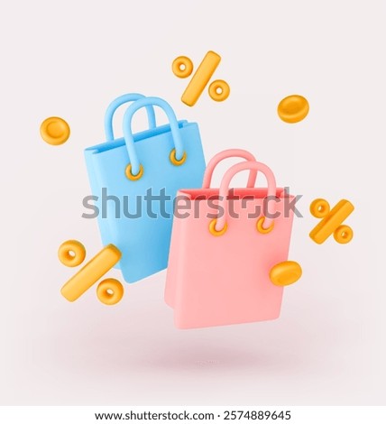 Special offer 3D concept. Blue and pink shopping bags with flying gold percent and golden coins around. Special sale present, loyalty program customer concept. Realistic vector icon for sale, discount