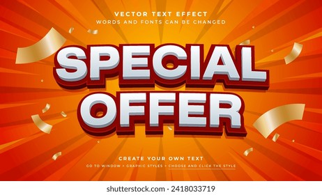 Oferta especial efecto de texto 3D editable, adecuado para promoción, producto, titular. Descuento venta divertido estilo gráfico blanco y rojo sobre fondo abstracto