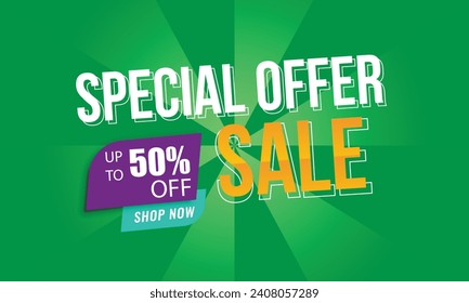 special offer 3d text effect and editable text effect. Special Offer Discounts Up To 50% Off, Special offer banner with Green background vector illustration.