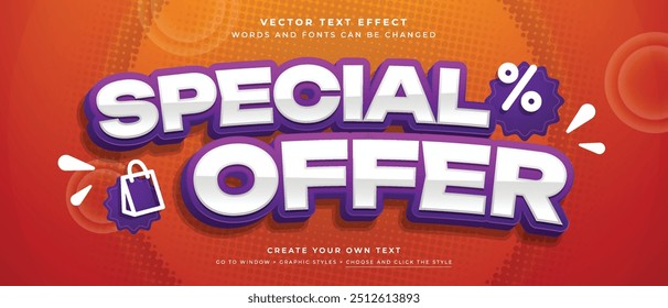 Efecto de texto 3d de la oferta especial en el fondo naranja abstracto, estilo gráfico del Vector de la promoción del descuento