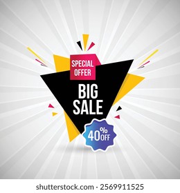 Special Offer 40% off Big Sale Abstract Banner Design Vector Illustration. Special Offer Big sale Poster Or Limited Time Tag For Web Media And Market. Super Sale creative Black and Gradients banner.