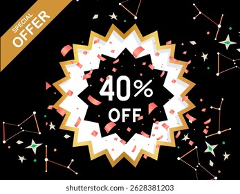 Oferta especial: 40% de desconto no design de cor dourada e branca, que se parece com fitas vermelhas e estrelas em uma ilustração vetorial com um fundo preto 
