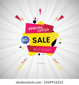 Special Offer 40% off Sale Abstract Banner Design Vector Illustration. Special Offer Big sale Poster Or Buy Now Tag For Web Media And Market. Super Sale creative Pink and Yellow gradient banner.