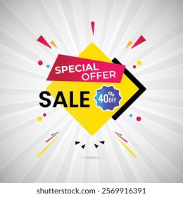 Special Offer 40% off Sale Abstract Banner Design Vector Illustration. Special Offer Big sale Poster Or Buy Now Tag For Web Media And Market. Super Sale creative Pink and Yellow gradient banner Design