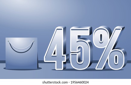 Special Offer 45% off, Up to 45% on sales, Great deals, Sales on blue background and bag, 3D blue 45%, Suitable for flyers, banners, advertisements, stickers, offer icons, etc.