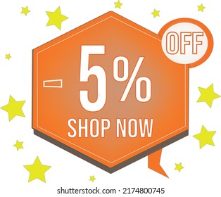 oferta especial 5% de descuento escrito en globo naranja aumenta el fondo amarillo con imagen de estrellas amarillas para tiendas online y banners