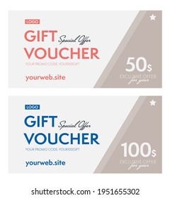 Special offer 50, 100 dollar gift voucher with promo code. Monetary coupon template with place for company or brand logo and website address vector illustration isolated on white background