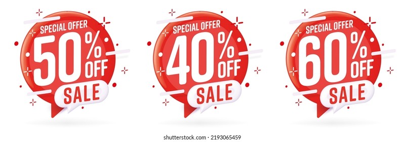 Oferta especial con 50, 40, 60 por ciento de descuento. Ilustración vectorial de diseño de etiquetas de venta roja. Reducción especial de precios y descuento para compras en línea. Total mega superventa promoción