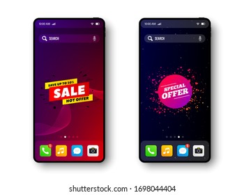 Special offer and 50% discount. Smartphone screen banner. Discount offer badge. Mobile phone screen interface. Smartphone display promotion template. Online application banner. Vector