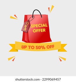 Special offer. Up to 50% off. Special Offer Banner with Red Gradient 3D Tote Bag. Discount tag and yellow banner. font Insaniburger