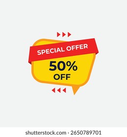 Special offer 50 off discount tag with red ribbon and yellow speech bubble on white background