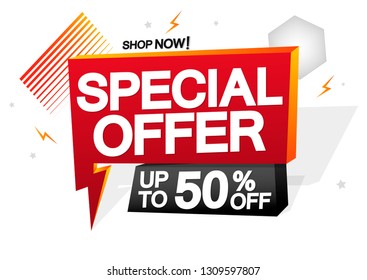 Special Offer, up to 50% off, Flash sale speech bubble banner, discount tag design template, vector illustration