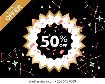 Special offer: 50% off the golden and white colour design, which looks like red ribbons and stars on a vector illustration with a black background 