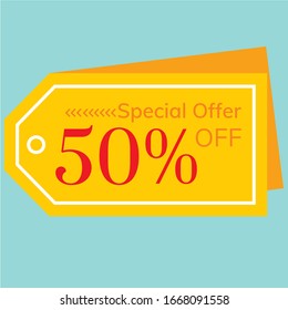 special offer 50 % off  label is a piece of paper,plastic film,cloth,metal or other material affixed to a container or product.
