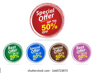 Special offer 50% Off Labels, Sales tags, Vector illustration.