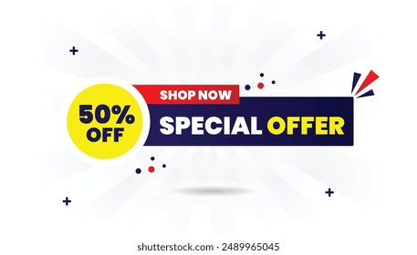 Special offer 50% off shop now banner template design with white background, featuring blue, yellow, and red shapes perfect for promotional sales, discounts, and retail advertising.