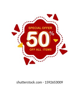 special offer 50 & off text on a red octagon with red and gold triangles around it and dashed outlined octagon outside the red octagon. big sale poster design