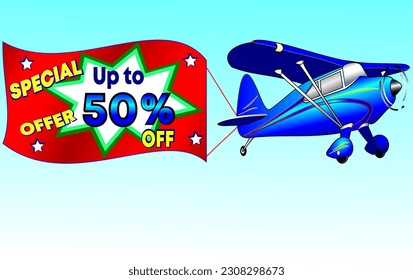 Oferta especial hasta 50% de descuento, ilustración vectorial de un hermoso avión azul, banner de promoción ilustrativo. ¡Dios es bueno!