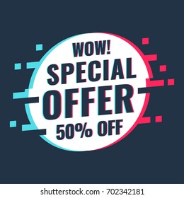 Special offer. 50% off. Vector illustration with glitch effect on dark background. Business concept.