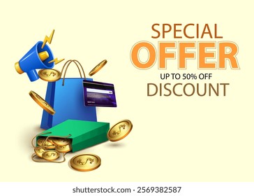 special offer up to 50% off,discount and business promotion and marketing banner vector illustration.gold coins shopping bags,credit card and megaphone loudspeaker decorative advertising banner.