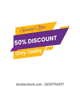Special offer 50 percent discount only today sale banner with purple and yellow geometric design