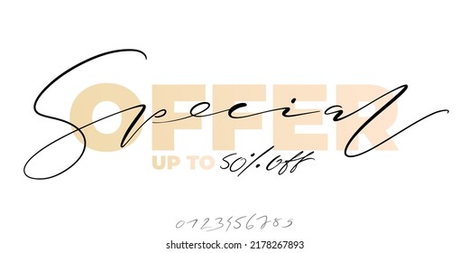 Special offer up to 50 percent minimalistic banner. Marketing promo material template with hand written numbers set.