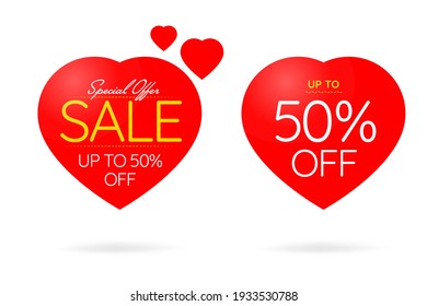 Special offer up to 50 percent off valentines day sale. Red heart shaped discount sticker, banner or product sticky badge announcing half price cut vector illustration isolated on white background