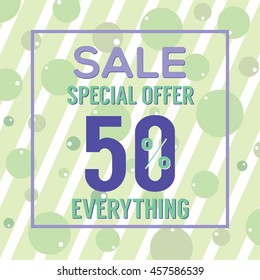 Special Offer 50 Percent On Colorful Green Bubbles And Stripes Vector Illustration