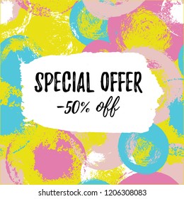 Special Offer -50% Sale banner. Hand drawn grunge style sale card isolated on seamless spots pattern. Vector illustration EPS 10 file