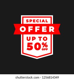 Special Offer. Up to 50% Sale Inscription Design Banner On Black Background. Modern Discount Sticker.  Flat Vector Design

