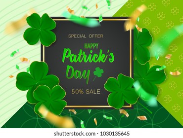 Special offer 50% sale Patricks day voucher. Modern green design with leaf of clower and gold confetti. Can be used on flyers, banners or web. Vector illustration. EPS 10.